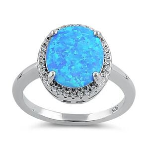New Sterling Silver Blue Opal Oval Halo Clear CZ Ring